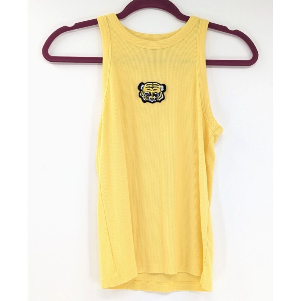 Rachel Zoe Yellow Embroidered Tiger Ribbed Women's Tank Top Size Small